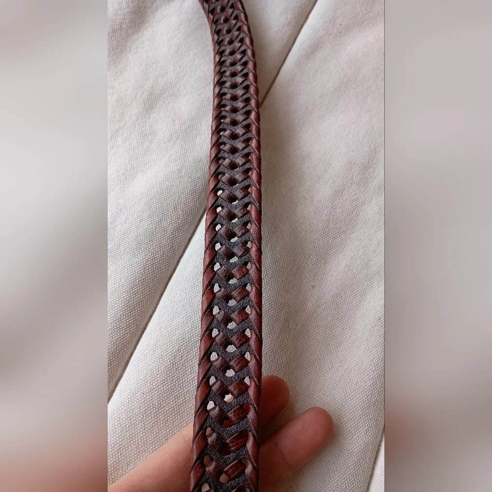 Vintage Fossil Elegant Brown Braided Leather Belt_med